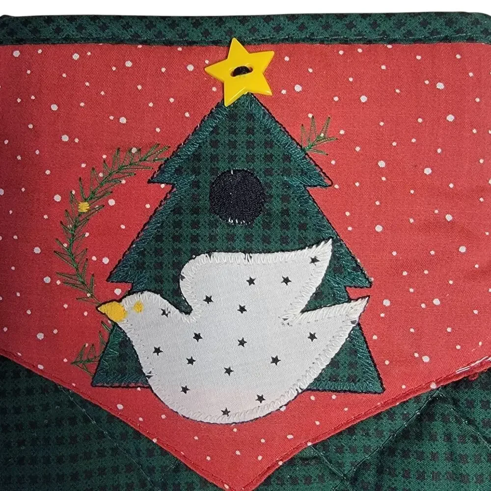 VTG 90s Christmas Oven Mitt Pot‎ Holder Set Tree Bird Applique Red Green Holiday